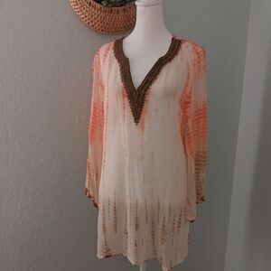 Bohemian Tie-Dye Tunic with Beaded Neckline